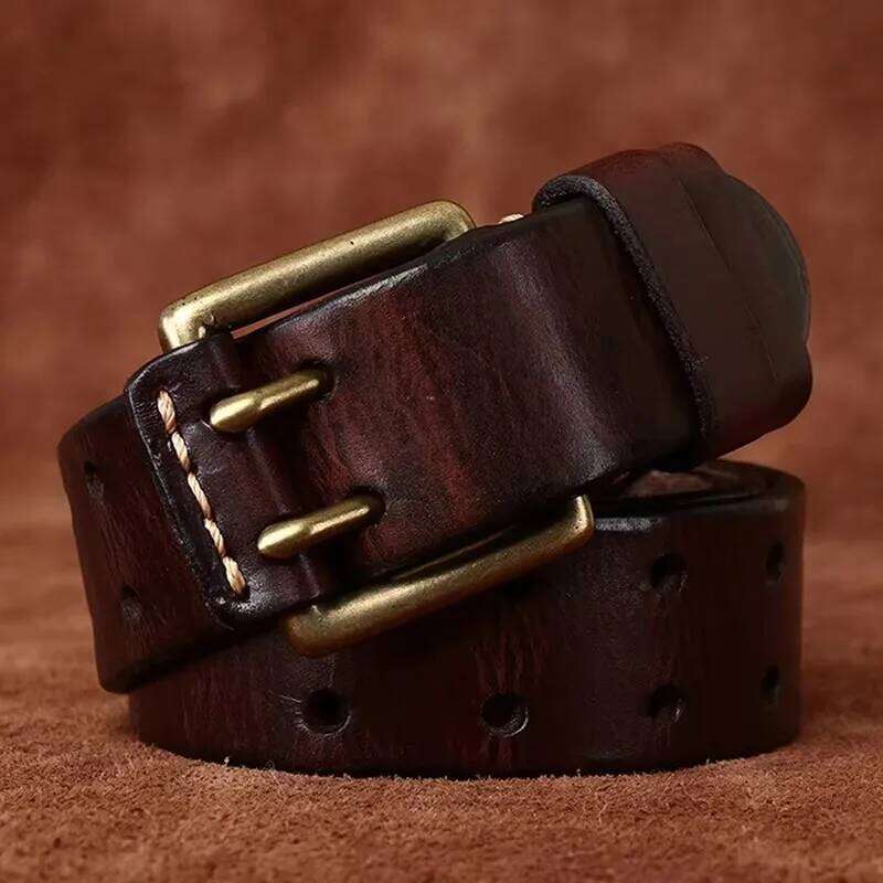 3.8cm Wide Retro Men's Cowhide Real Genuine Leather Copper Double Needle Buckle Handmade Jeans Belt Fashion Male Strap Y260225