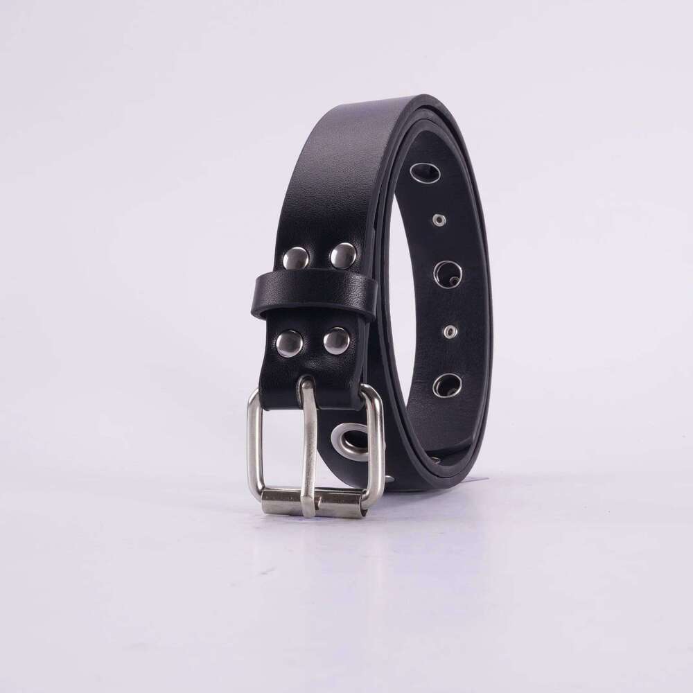 Unisex Black PU Leather Belt with Pin Buckle Eyelets - Punk Style, for Jeans & Casual Wear Y260225