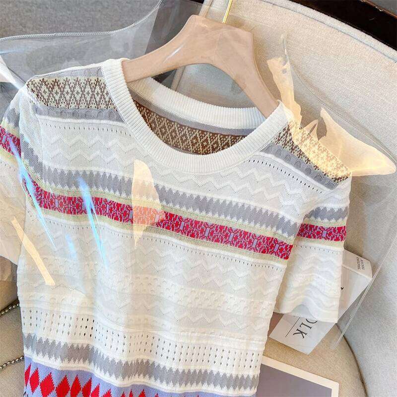 Fashion O-Neck Knitted Spliced Striped Mini Dress Women's Clothing 2025 Summer New Loose Short Sleeve Korean Ladies Dresses XJ260225