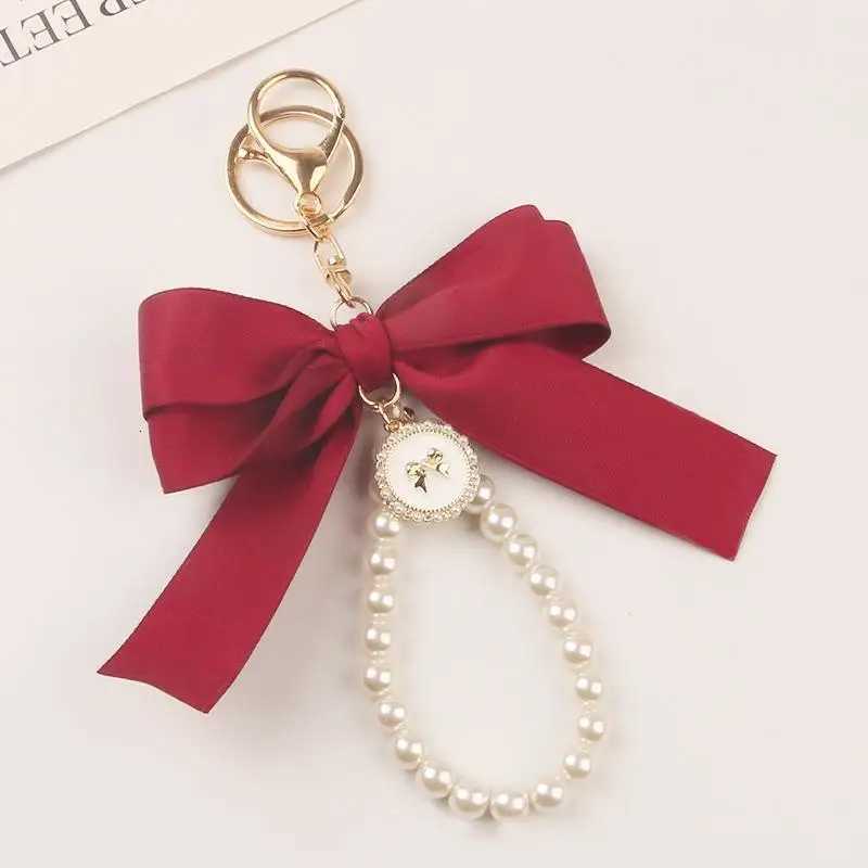 Fashion Large Bowknot Ribbon Pearl Key Chain Womens Multi-color DIY Key Pendant Hanging Ornament Sweet Bag Accessories H260225