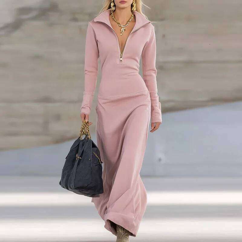 Elegant Long Sleeve Polo Collar Woman Casual Slim Solid Zipper Commute Dresses New Autumn Winter Holiday A-Line Maxi Dress XJ260225