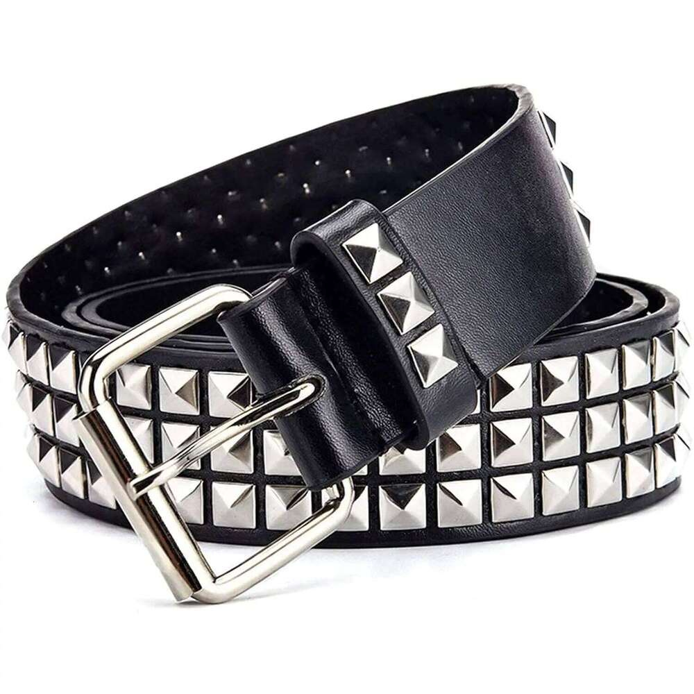 Black Three-Row Rivets Punk Style Fashionable for Men and Women Rock Metal Belt Y260225