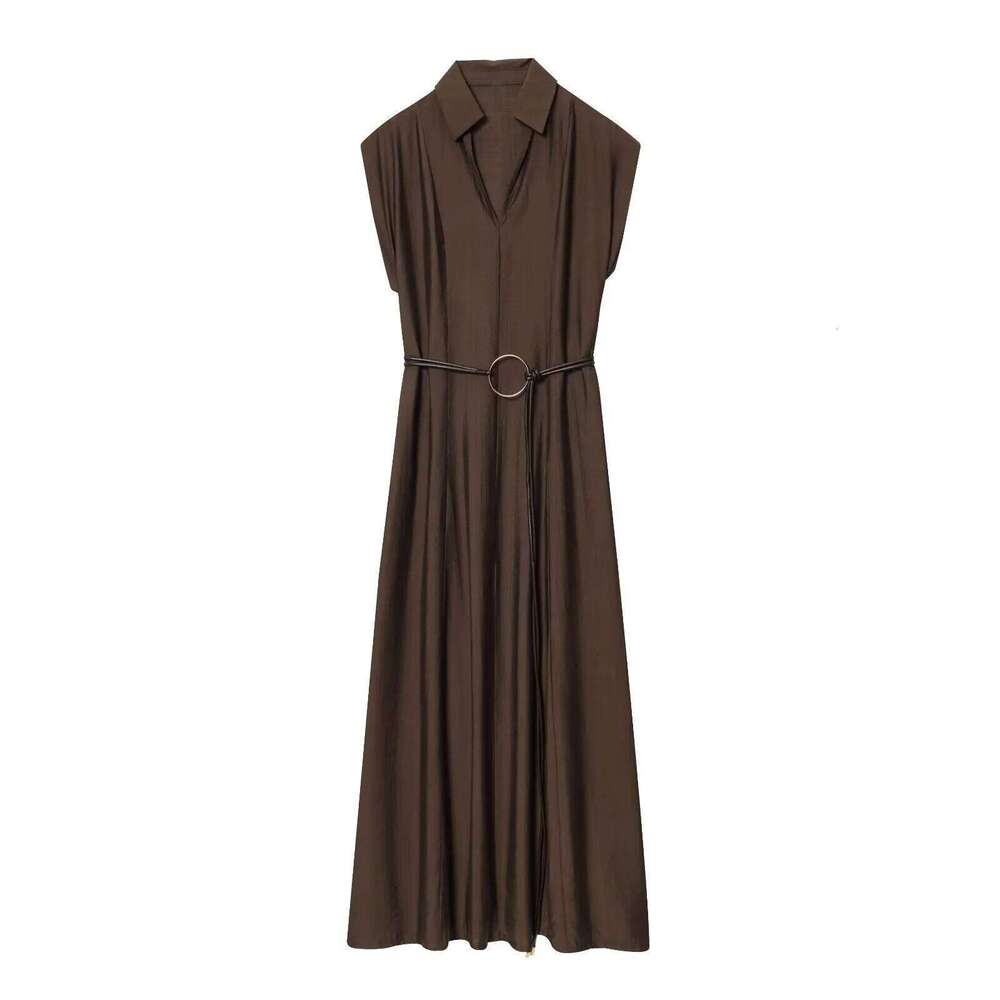 2025 autumn new women's casual, simple and fashionable temperament V-neck sleeveless solid color dress with belt XJ260225