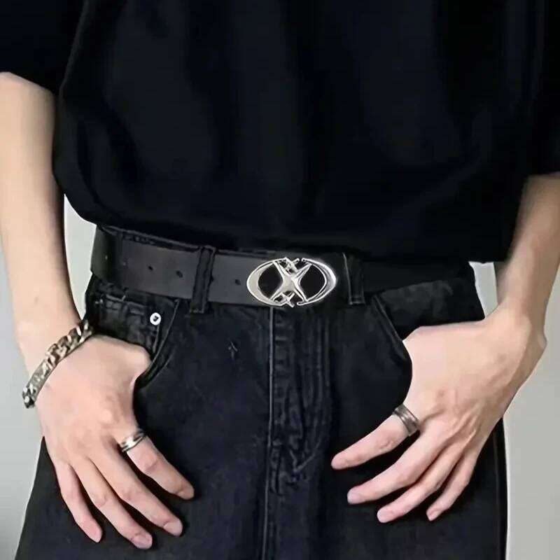Oval-shaped Double Crescent Moon Cross Star Buckle Belt, Durable, Simple Universal Gift for Both Men and Women Y260225