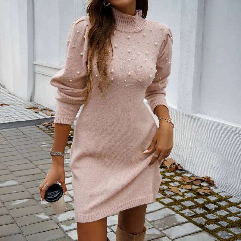 2026 New Women Sweater Dresses Pearls Round Neck Long Sleeve Hip Wrap Winter Elegant Ladies Casual Solid Slim Fit Dress XJ260225