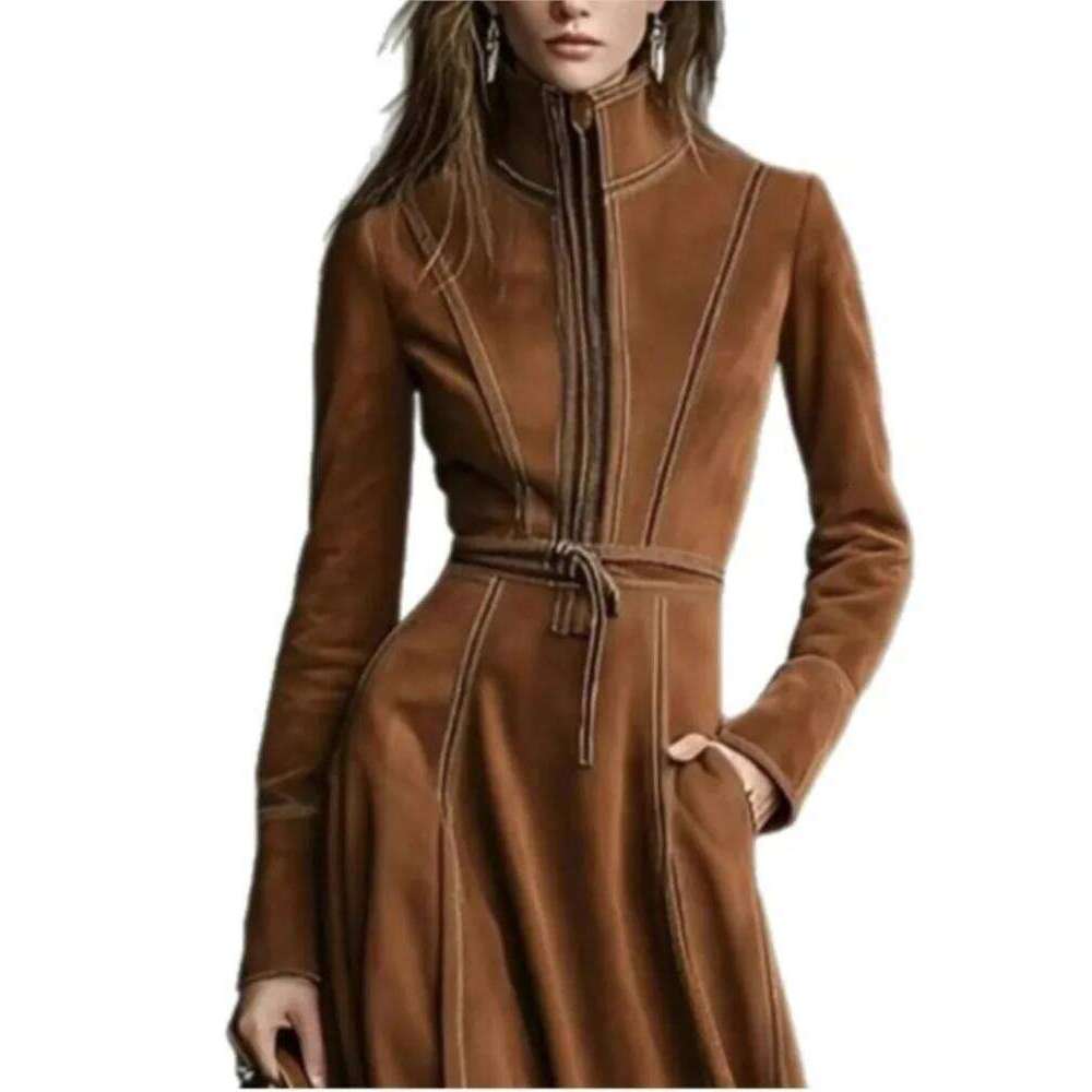 Elegant Retro Solid Suede Lace Up Dresses Woman Stand Collar Zipper Slim A-line Sleeve Pocket High Street Long Dress XJ260225