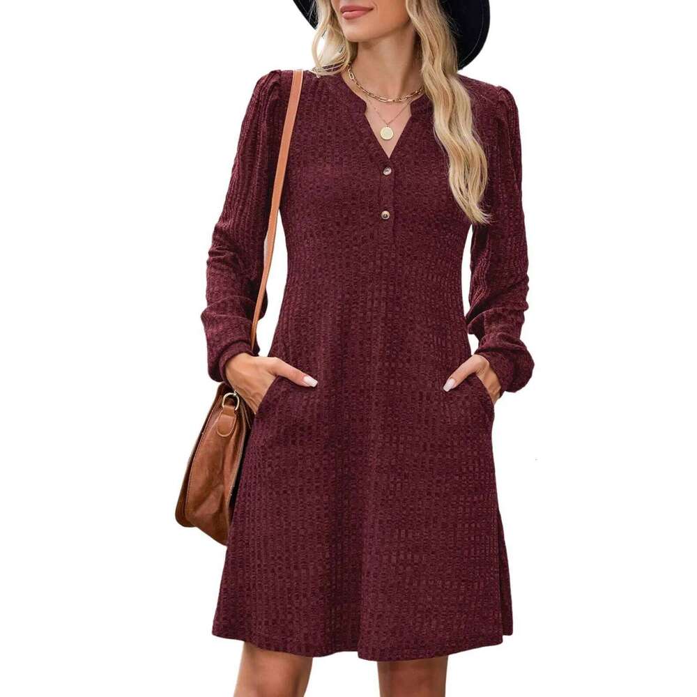 ZAFUL Womens Long Sleeve Fall Dresses with Pockets V Neck Button Casual Bodydoll Knit Sweater Dress 2025 XJ260225
