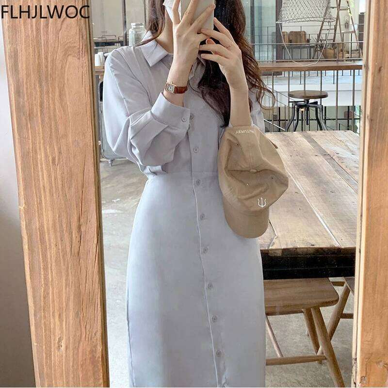 2024 Chic Korea Fashion Clothes Fenimine Vestidos Women Elegant Office Lady Vintage Single Breasted Button Solid Shirt Dress XJ260225