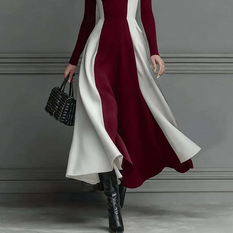 2026 Spring Contrast High Waist A-Line Woman Sexy Turtleneck Elegant Party Dresses Fall Casual Long Sleeve Slim Boho Dress XJ260225