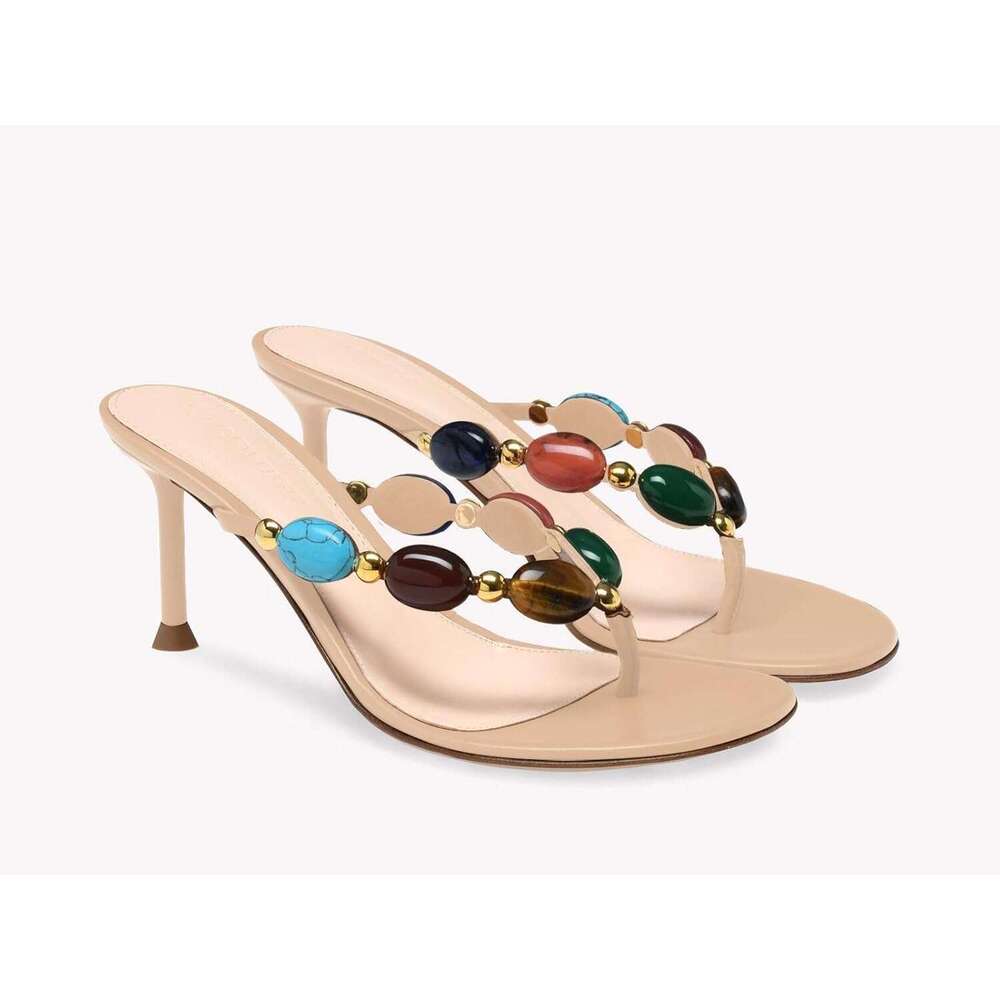Womens Jeweled Heeled Sandals Kitten Heel Starppy Flip Flop Backless Open Toe Slides Boho Summer Vacation Beach Shoes