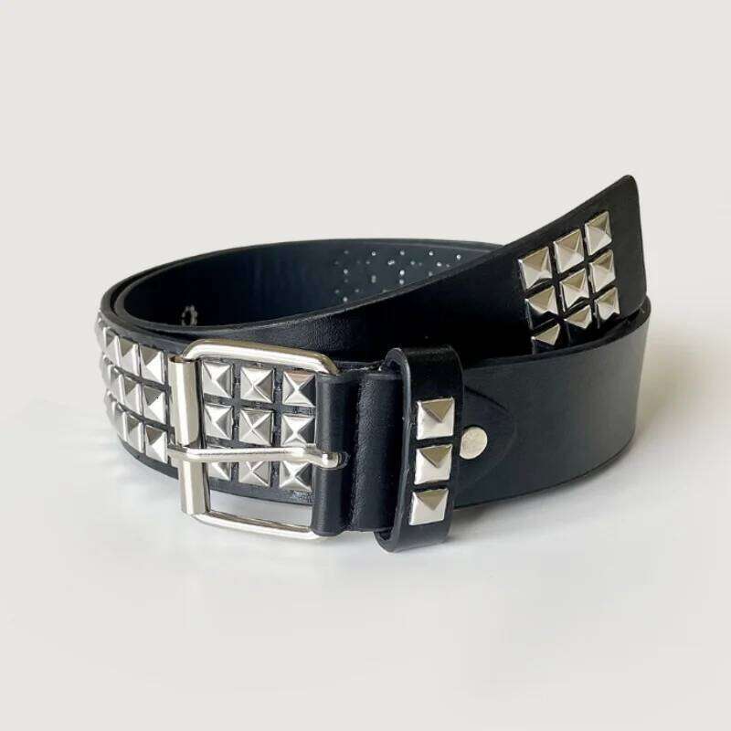 1Pcs Black Leather Belt with Silver Pyramid Studs Punk Rock Style Men Women Fashion Waist Strap Y260225