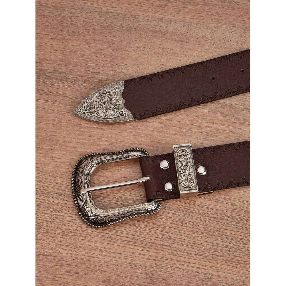 1pc Men's Western Style Distressed Pattern Leather Belt, Versatile Accessory For Jeans Y260225