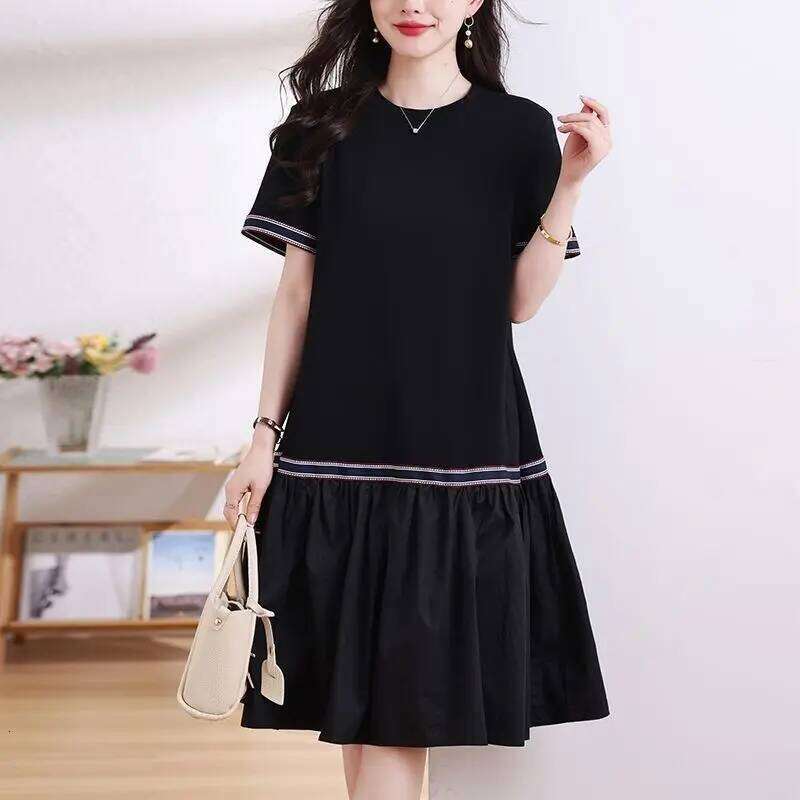 Basic Casual Loose Dresses Stylish Bright Line Decoration Summer Short Sleeve Female Clothing A-Line Korean Spliced Midi Dress XJ260225