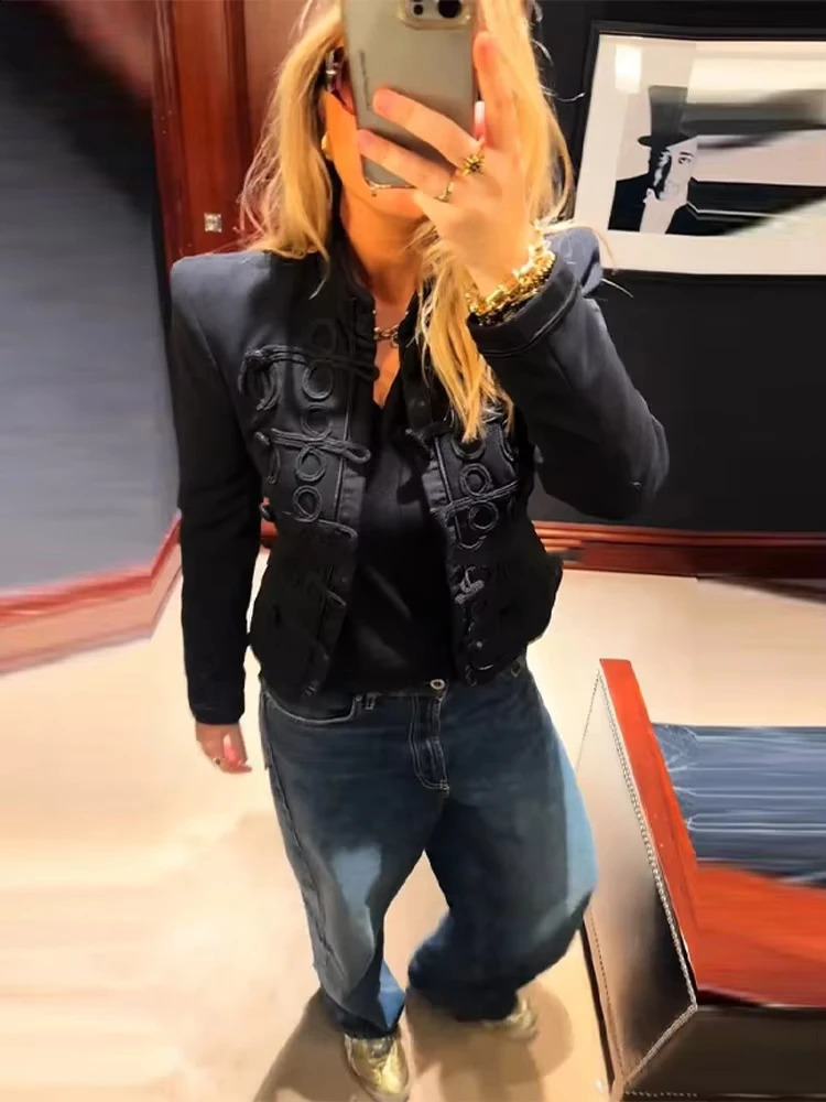 Women Knit Patchwork Napoleon Military Jacket Shoulder Pad Chic Single Breasted Short Blazer Long Sleeve Loose 2026 Spring Coat 260124