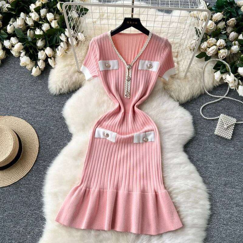 Elegant Knitted Slim Fit Summer Clothing Women Short Sleeve V-Neck Bodycon Midi Dresses OL Style Knitting Dress Robe Femme XJ260225