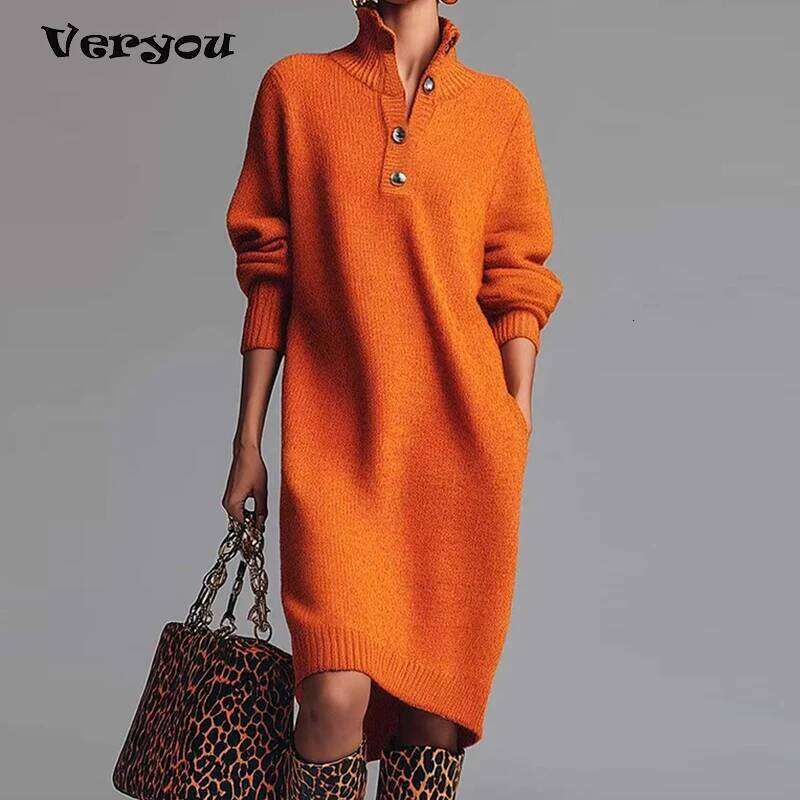 Fashion Knitted Women's Autumn Winter New Straight Midi Length Sweater Dresses For Women Casual Long Sleeve Office Dress XJ260225