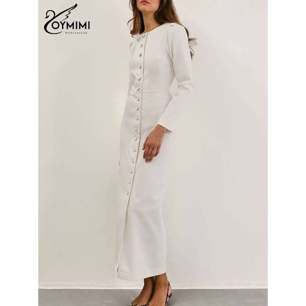 Oymimi Elegant White O-Neck Womens Fashion Wrist Sleeve Single Breasted Dresses Casual High Waisted Ankle-Length Dress XJ260225