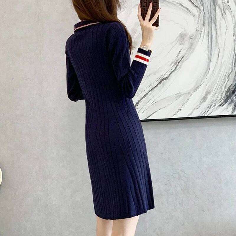 Korean Fashion Striped Patchwork Elegant Chic Knitted Dresses for Women Casual Polo Collar Long Sleeve Slim Mini Dress Vestidos XJ260225
