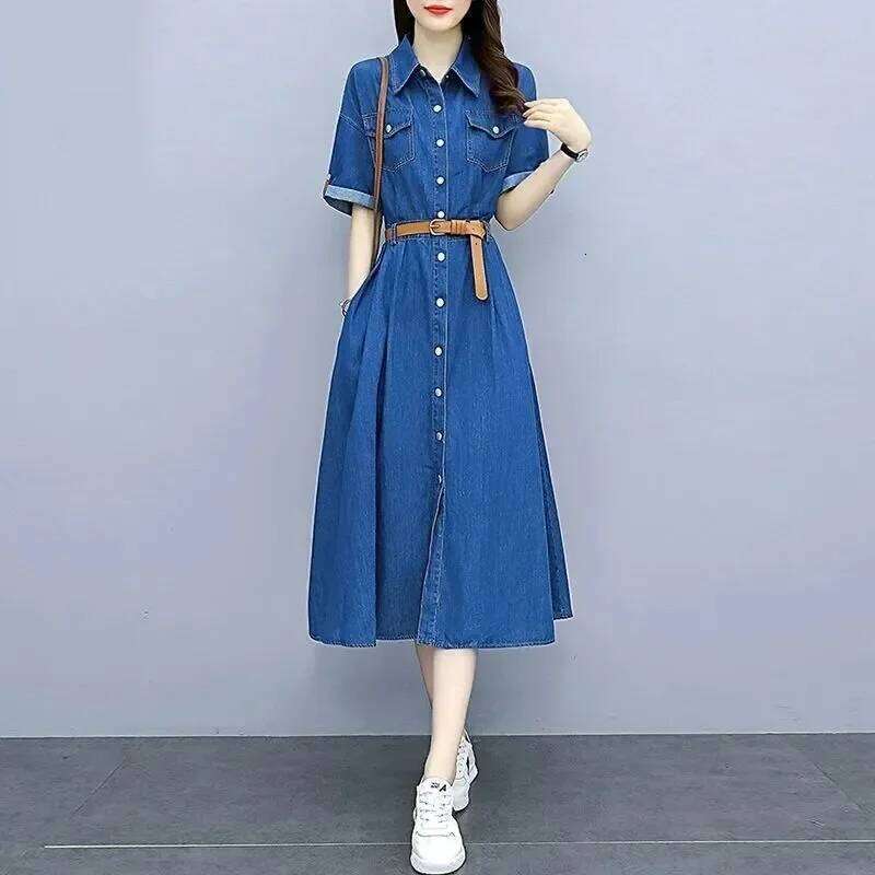 Women Denim Shirt Half Sleeve Button Front Belted Waist A-Line Mid-Calf Casual Summer Workwear Long Dress XJ260225