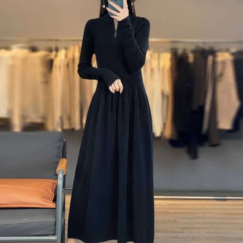 Korean Stand Collar Female Autumn/Winter100%Merino Wool Knitted and Calf Maxi Fashion Waisted High-neck Dress XJ260225