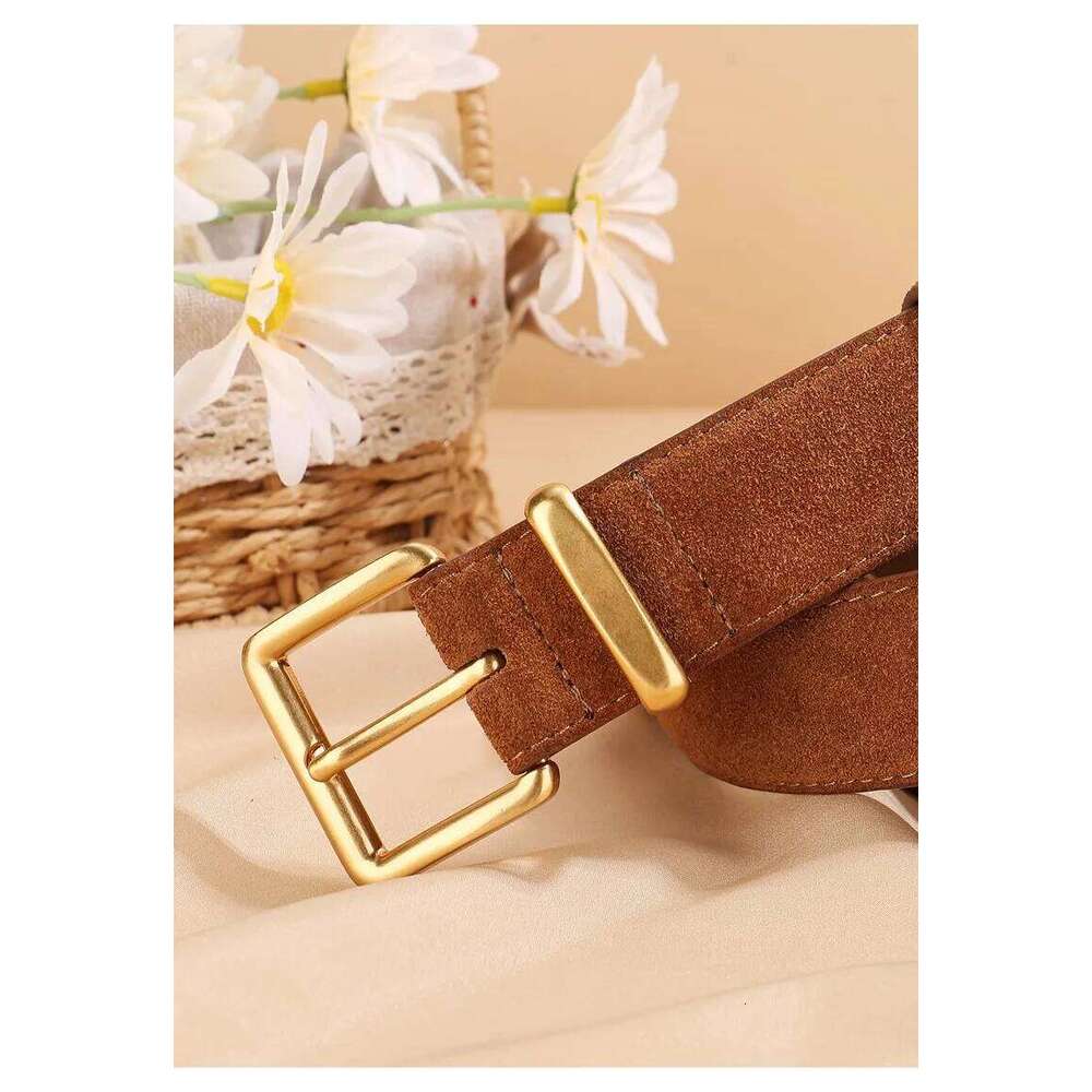 Women Luxury Suede Cowhide Belt 3.3cm Wide Waistband for Dresses & Jeans Vintage Style with Gold Buckle Y260225
