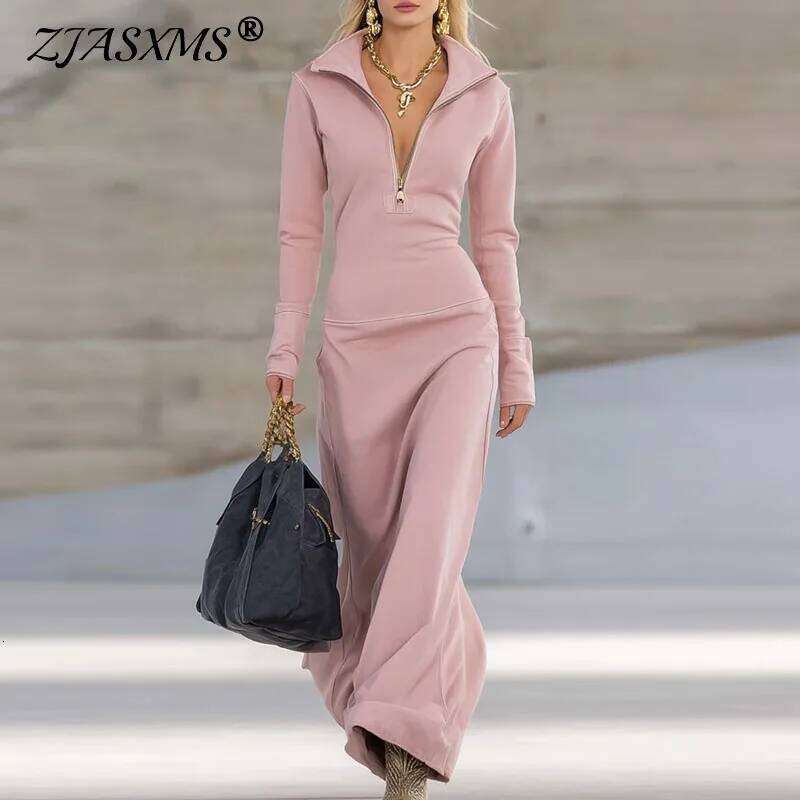 Elegant Long Sleeve Polo Collar Woman Casual Slim Solid Zipper Commute Dresses New Autumn Winter Holiday A-Line Maxi Dress XJ260225