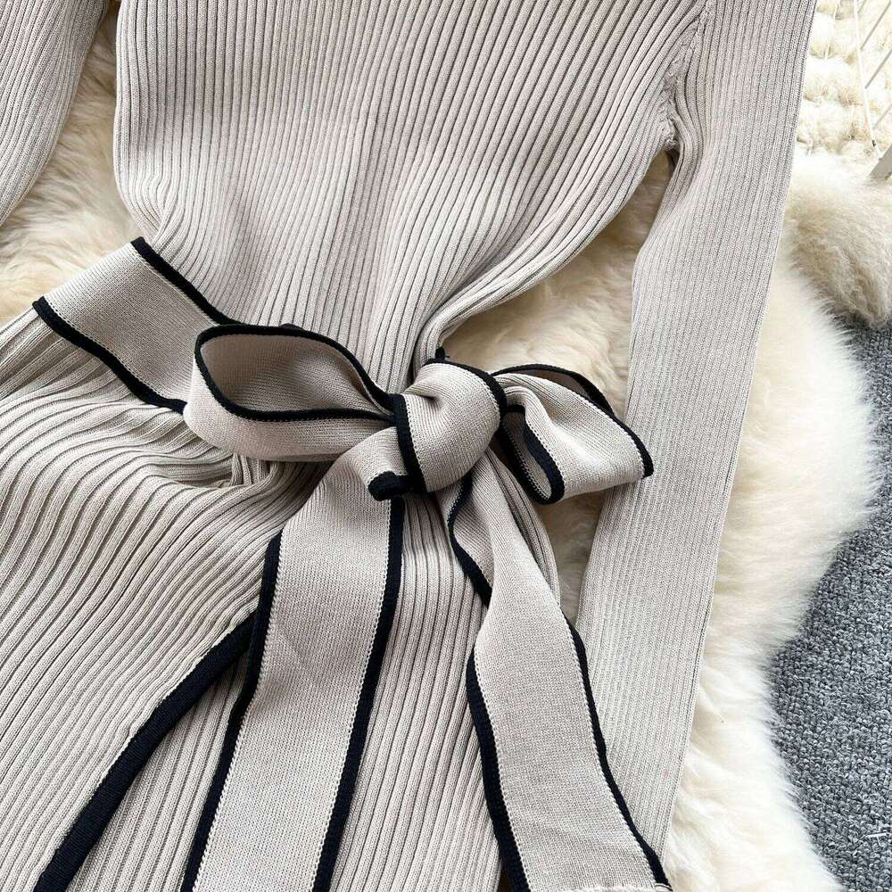 YuooMuoo Elegant Khaki Black Ribbed Knitted Bodycon Long Dress Women Autumn Winter Sash Bandage Streetwear Stretch Lady Dresses XJ260225