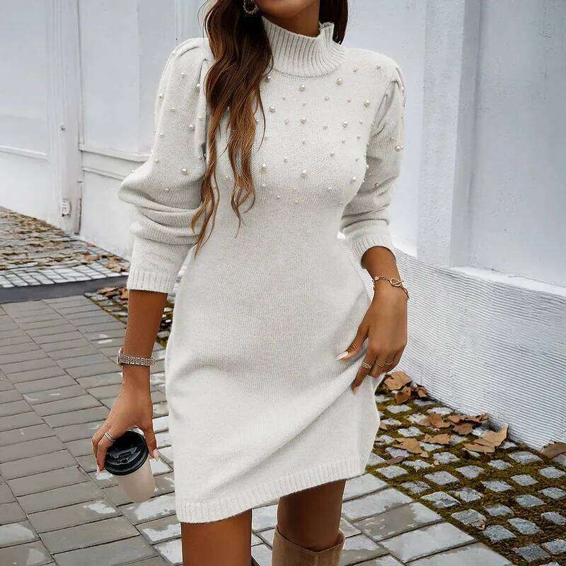 2026 New Women Sweater Dresses Pearls Round Neck Long Sleeve Hip Wrap Winter Elegant Ladies Casual Solid Slim Fit Dress XJ260225