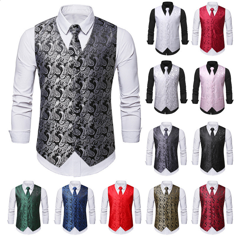 Men's Vests Hi-Tie 20 Color Silk Men's Vests Tie Business Formal Dress Slim Sleeveless Jacket 4PC Hanky Cufflink Blue Paisley Suit Waistcoat