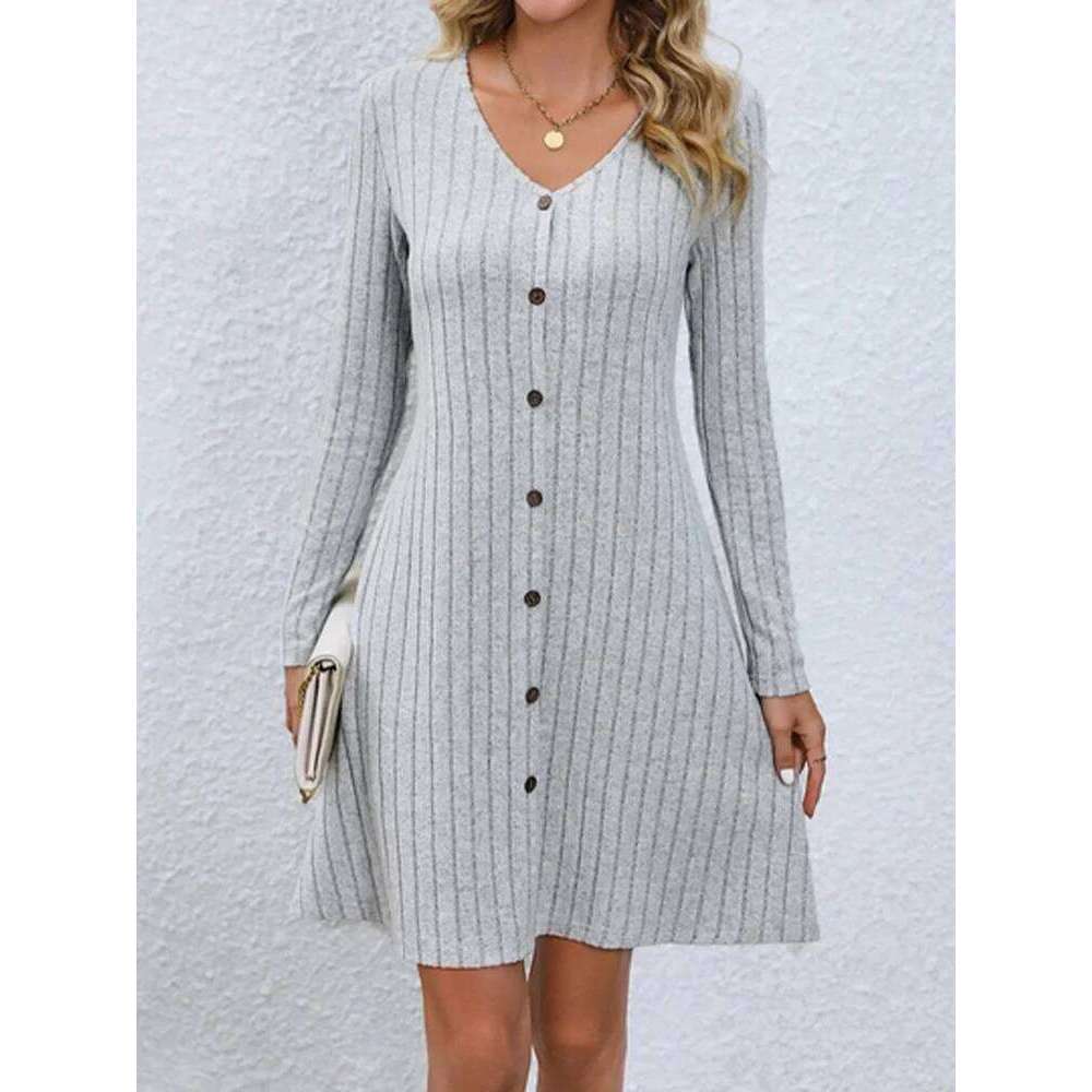Women's V-Neck Button Dress Monochromatic A-line Casual Comfortable Spring Autumn Trend XJ260225