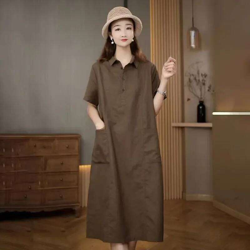 Temperament Solid Color Simple Short-sleeved Polo Collar Loose Pocket Mid-length Versatile Dress XJ260225