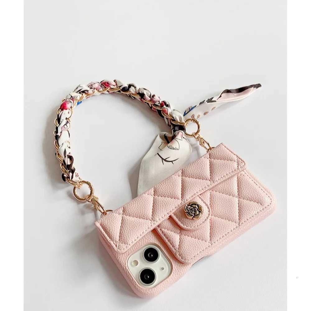 Luxury Quilted Camellia Leather Phone Case | Card Holder with Scarf Chain Strap for iPhone 1417 SeriesT260225