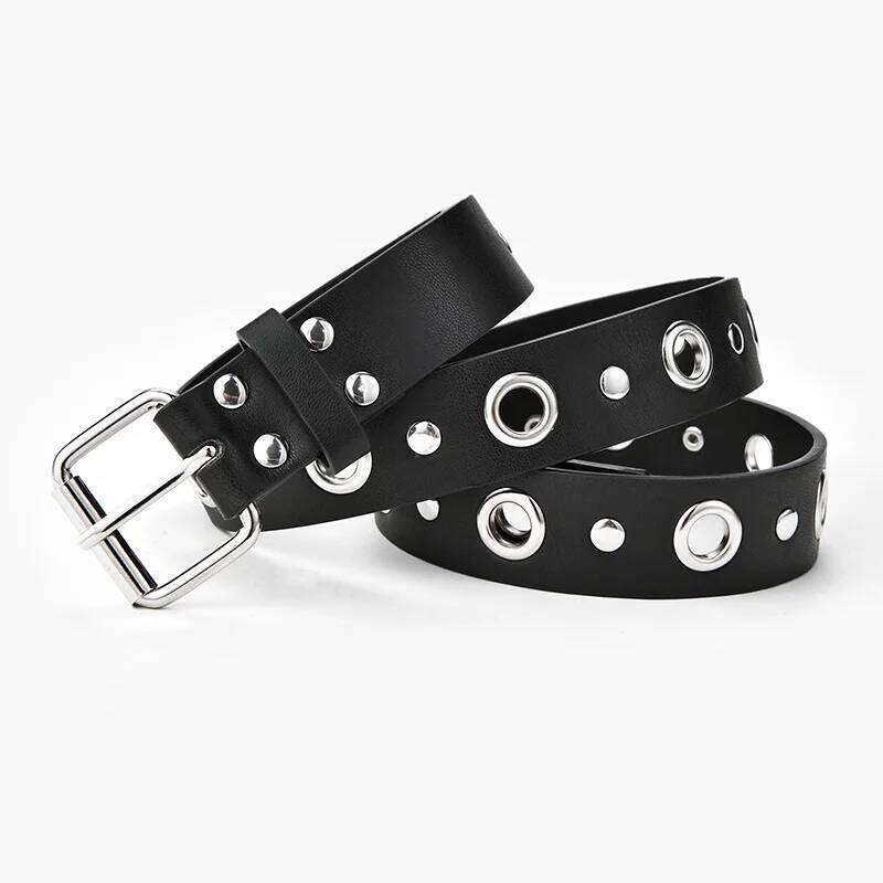 Unisex Black PU Leather Belt with Pin Buckle Eyelets - Punk Style, for Jeans & Casual Wear Y260225