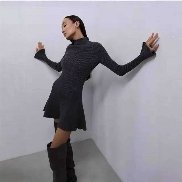 Mingmingxi 2025 New A-Line Knit for Women Semi High Neck Long Sleeve Elegant Sweater Casual Bodycon Party Dress XJ260225
