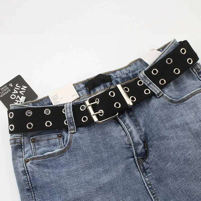 Fashion Wide Canvas Belts Casual Double Hollow Hole Buckle Belt Adjustable Solid Color Waist Strap For Women Men Students Jeans Y260225