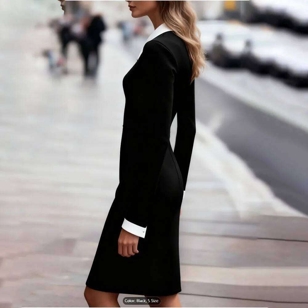 Casual Office Lady Slim Midi Dress Women 2025 Autumn Winter Long Sleeve Patchwork Turn-down Collar Bodycon Dresses Elegant XJ260225
