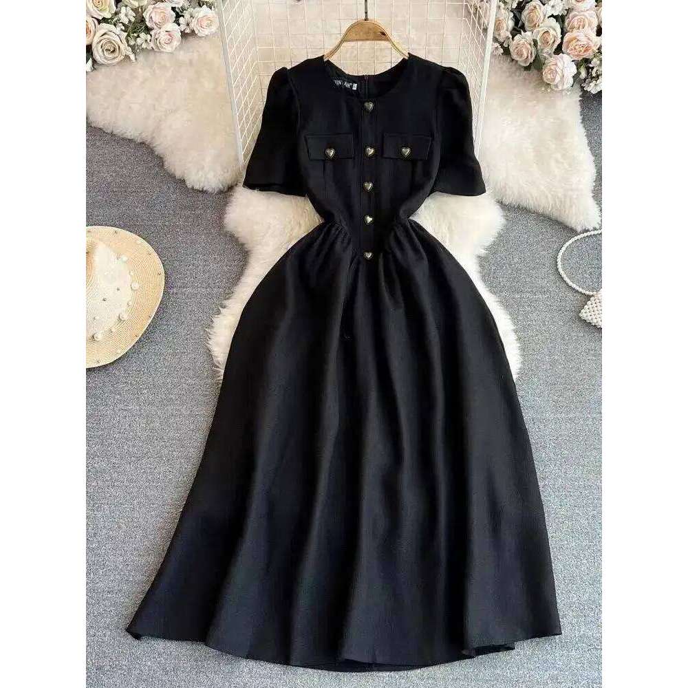 Summer Autumn Black Sundress Short Midi Party Dress Women Elegant Puff Sleeve Heart Buttons Evening Long Vestidos Quality XJ260225