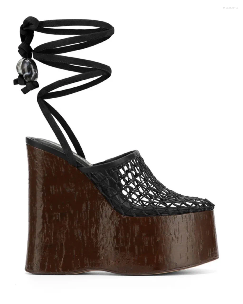 Dress Shoes Ankle Heels Lace Up Summer Women's Upper Woven Mesh Pumps Wedge Sandals Colorful Beads Platform