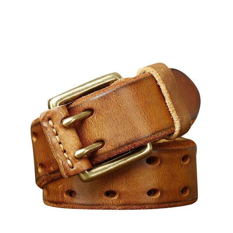 Retro trendy personalized double needle buckle genuine leather washed vegetable tanned top layer cowhide men new style belt Y260225