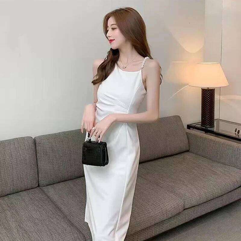 Pearl Spaghetti Strap Design Mermaid Ladies French Inclined Shoulder Dresses Female Elegant Solid Color Maix Dress Mujer XJ260225