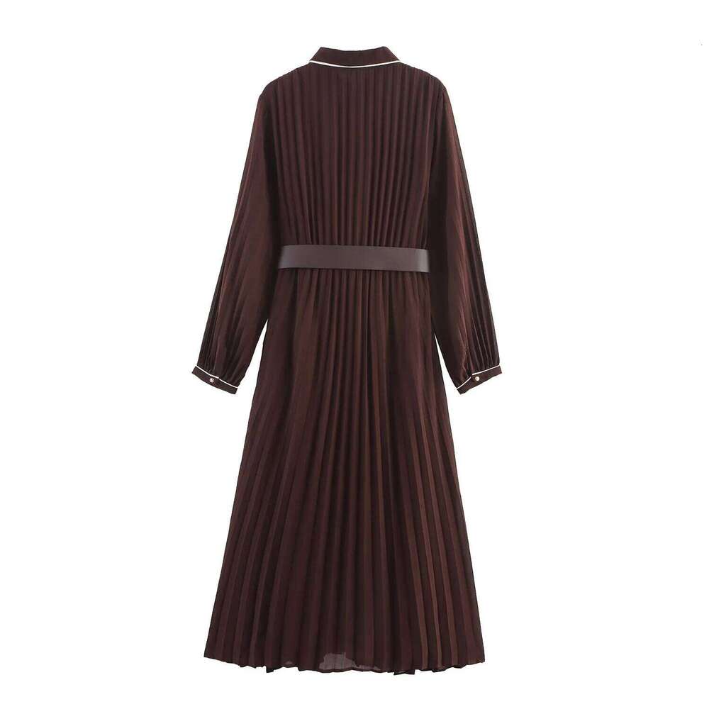 Pleated Effect Elegant With Belt Sleeve Midi For Women Solid Long Dress Temperament New Women's Dresses XJ260225