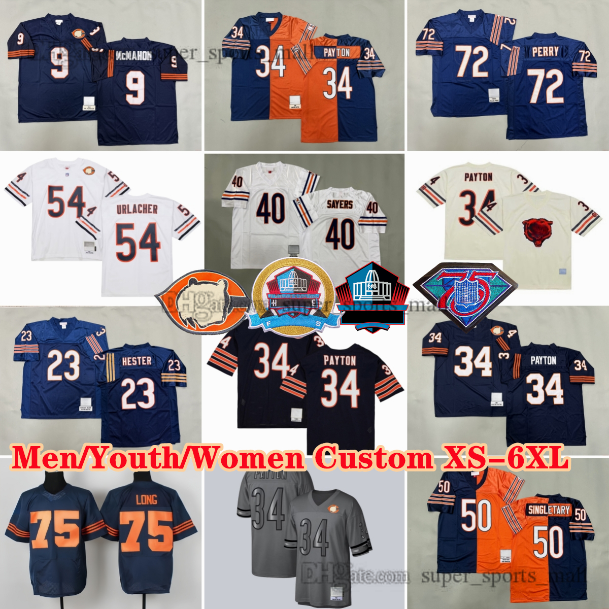 Custom DIY S-6XL Throwback 34 Walter Payton 1985 Football Jerseys 41 Brian Piccolo 72 William Perry 19 Eddie Royal 89 Mike Ditka Julius Peppers Urlacher Sayers Butkus
