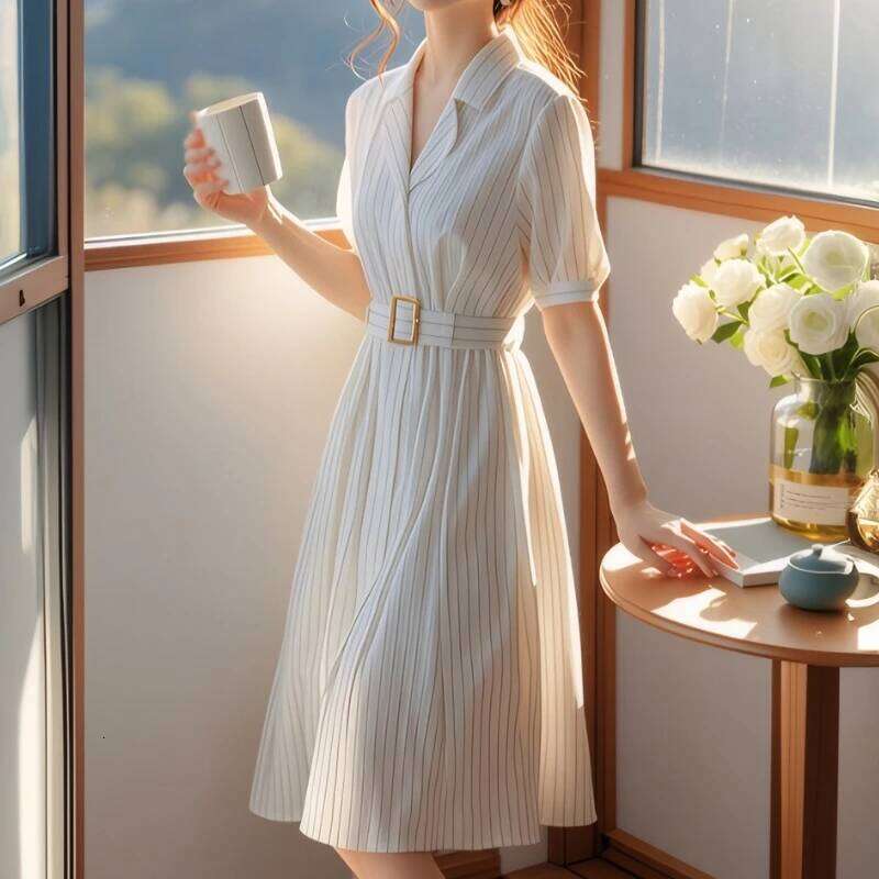 Seoulish Summer Elegant Striped Women's A-line Dresses Sashes 2025 New Short Sleeve Polo Collar Casual Loose Midi Dress Female XJ260225