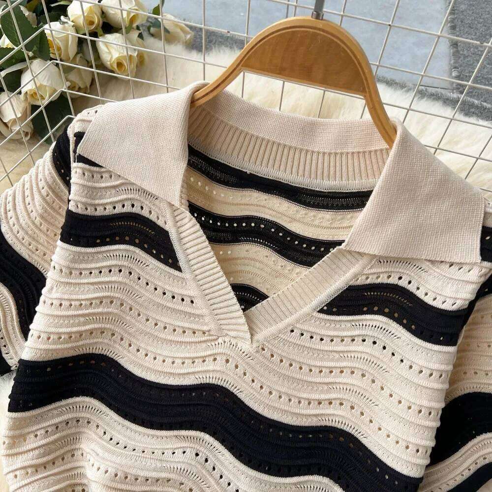 Short Sleeves Striped Long Lapel Neck Hollow Out Slim Bodycon Sundress Fashion Hotsweet Knitted Beach Midi Dress XJ260225