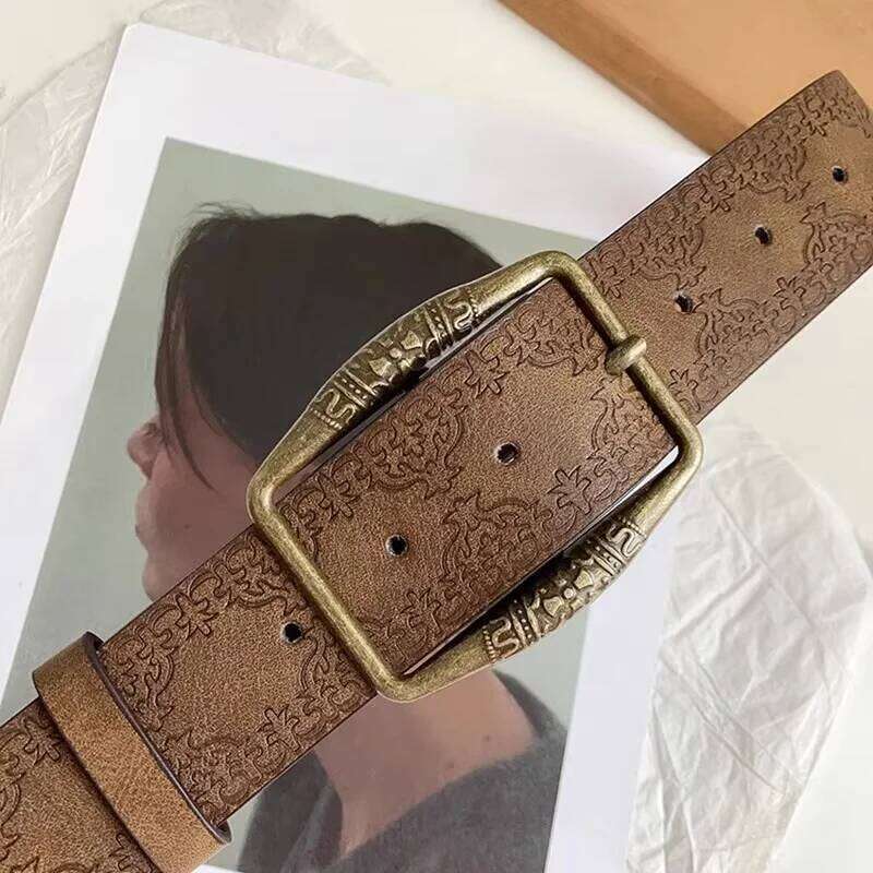 Y2K WOMEN'S New National Wind with Jeans Senior Sense of Brown Floral Embossed Belt Y260225