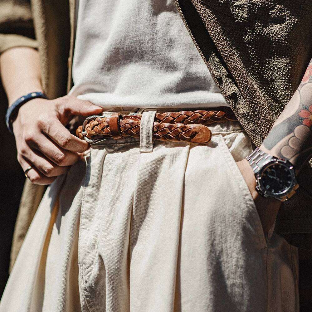 Maden Vintage Woven Vegetable Tanned Leather Accessories with Two-layer Cowhide for Men's Versatile Brown Belt Y260225