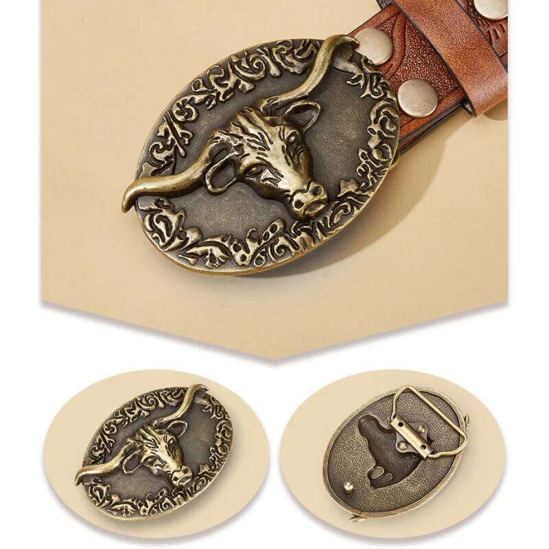 Western Leather Belts Cowboy Longhorn Bull Pattern Floral Engraved Buckle Belt for Men Y260225