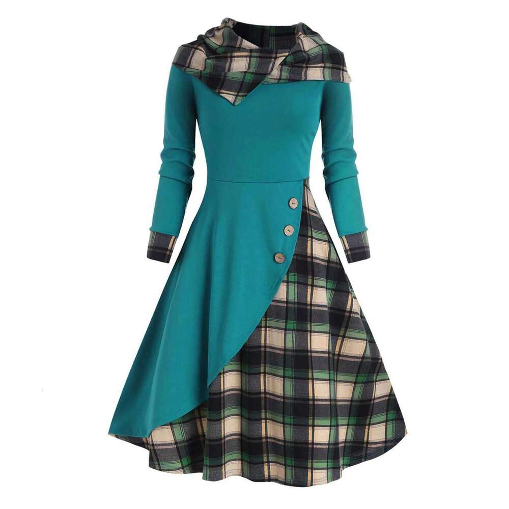 Vintage Commute Button Plaid Patchwork Hooded Dress Women's Clothing Autumn Fashion Long Sleeve Casual High Waist Midi Dresses XJ260225