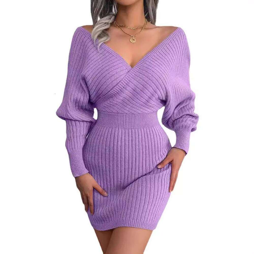 Sexy Cross Deep V Neck Batwing Sleeve Knitted Skirt with Hip Wrapping Autumn Winter Ribbed Design Party Dress for Woman XJ260225