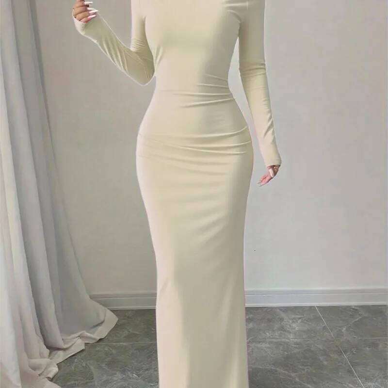 Solid Color Women's New Spring Autumn Style Slim-Fit Off-the-Shoulder Long Sleeve Casual Maxi Length Dress Ropa Mujer XJ260225